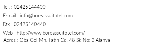 Boreas Suite Apart Hotel telefon numaralar, faks, e-mail, posta adresi ve iletiim bilgileri